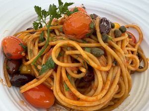 Vegan spaghetti puttanesca   at Garage Buona Forchetta in Coronado