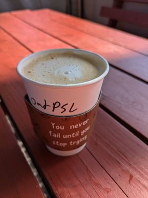 Oat milk pumpkin spice latte at Global Gallery Coffee Shop in Columbus