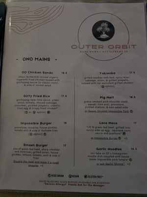 Menu  at Outer Orbit in San Francisco