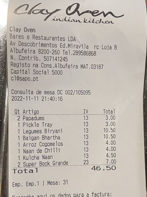 Bill for a meal for 2 with 2 beers   at Clay Oven in Albufeira