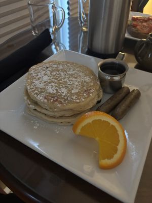 blueberry pancakes and veggie sausage   at Huron House Bed and Breakfast in Oscoda