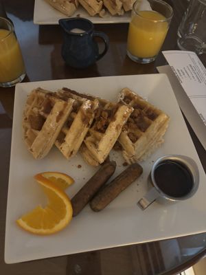 biscoff waffles and veggie sausagee  at Huron House Bed and Breakfast in Oscoda