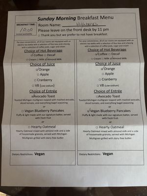 menu  at Huron House Bed and Breakfast in Oscoda