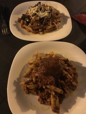 Pasta with ragu and norma (grilled veggies). at Alibi in Palermo