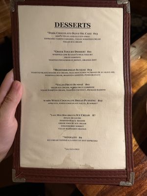 Dessert menu  at Olea Mediterranean Taverna in Brooklyn