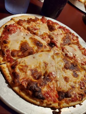 Soy cheese and garlic pizza w/ vegan red sauce at Keith's Pizza in Bemidji