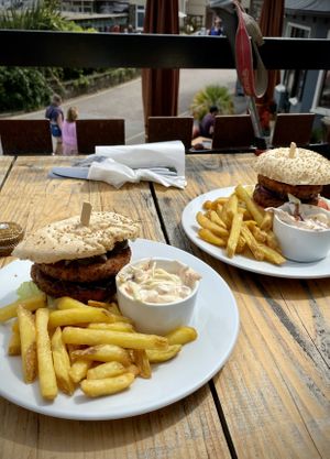 Vegan and gluten free, vegetable lentil burger with pickles, fries and coleslaw. 💚  at The Ancient Mariner in Lynmouth