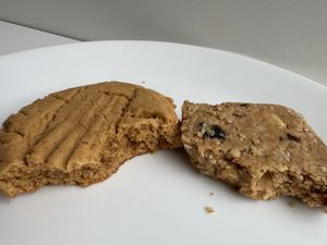GF PB cookie on left (tender and chewy), power bar on right (crumbly but still quite tasty)  at Wildflower Vegan Café in Millville