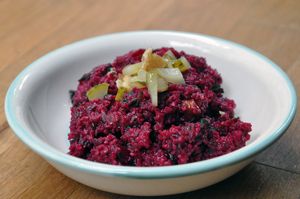 "Kısır" with Beet Root and Walnut
Bulghur, baked beet, pickled cucumber, walnut, cumin, pomegranate syrup and fresh herbs (Vegan)  at Nevale Mutfak in Istanbul