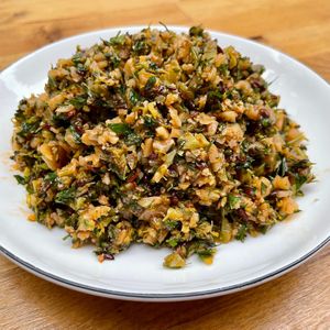 "Kısır" with Winter Vegetables 
Broccoli, cauliflower, flaxseed, pomegranate syrup and fresh herbs (Vegan)  at Nevale Mutfak in Istanbul