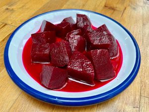 Pickled Roasted Beetroots 
Balsamic vinegar and olive oil (Vegan)  at Nevale Mutfak in Istanbul