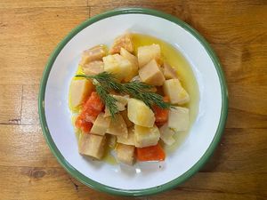 Celery Root with Quince 
Quince, celery root, carrots cooked in orange juice (Vegan) at Nevale Mutfak in Istanbul