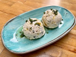 Cretan Style Cheese Paste 
"Ezine" cheese, sweet curd, labneh, walnut, fresh marjoram and basil (Vegetarian) at Nevale Mutfak in Istanbul