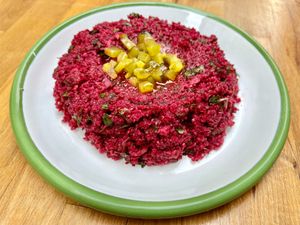 
"Kısır" with Beet Root and Walnut 
Bulghur, baked beet, pickled cucumber, walnut, cumin, pomegranate syrup and fresh herbs (Vegan) at Nevale Mutfak in Istanbul