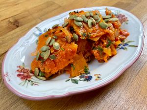 Pumpkin "Sinkonta" 
Roasted pumpkin and onion, slightly hot pepper paste, fresh herbs and pumpkin seeds (Vegan) at Nevale Mutfak in Istanbul