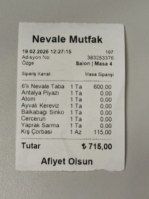 Receipt from Nevale Mutfak: 6-item mixed appetizer plate (₺600) and small winter soup (₺115). at Nevale Mutfak in Istanbul