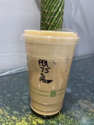 Peanut butter cup latte, 75% sweet, soy milk, and peanut butter cold foam  at Steep Tea Company in Phoenix