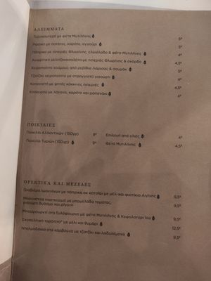 The menu (vegan and vegetarian options have different but similar symbols) at Ergon Agora in Thessaloniki