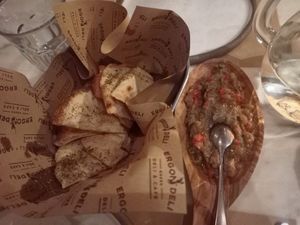 Eggplant spread with pita bread at Ergon Agora in Thessaloniki