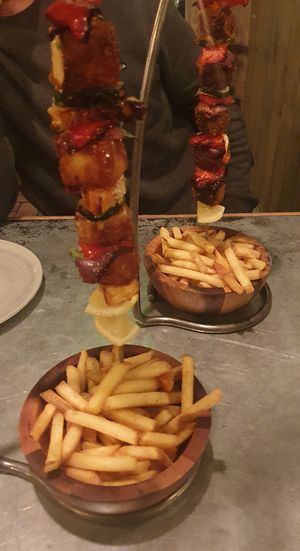 (Left) Sweet & Sour tofu hanging kebab (right) Vegan meatball hanging kebab #Veganuary at The Botanist in Salford