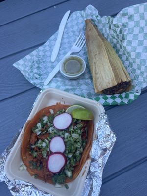 Vegan Birria taco and a “Chicken” Tamale  at Liticker's in San Diego