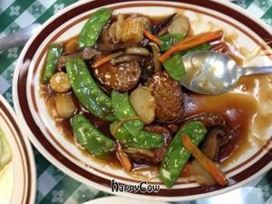 vegan fish in brown sauce  at Veggie Cafe in Richardson