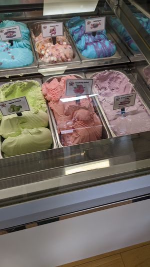 Apple, strawberry and Parma Violet sorbets all vegan and all delicious! at Miele's Gelateria in Aviemore