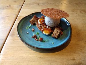 Banana & candied bacon dessert at De Vegetarische Slager - The Vegetarian Butcher in The Hague