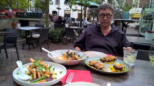 French fries with meat stew, Thai dish with chicken and chicken sticks plus my wife at De Vegetarische Slager - The Vegetarian Butcher in The Hague