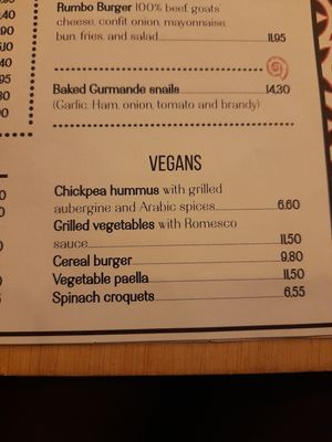 Vegan section of the menue at Hotel & Restaurant Marina Palamós in Palamos