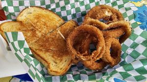 Patty melt and onion rings at Cozo Grill in Portland