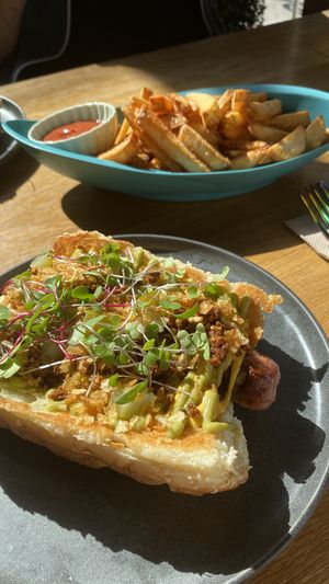 Brunch dog and fries  at Good Dogs Plant Foods in Vancouver