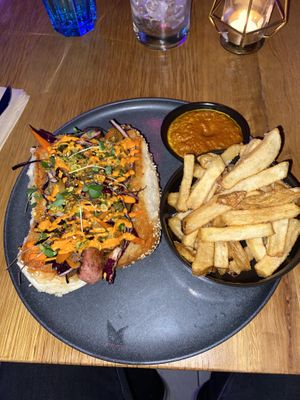 Seoul dog with fries  at Good Dogs Plant Foods in Vancouver