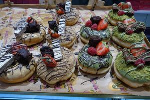 Vegan donuts with walnut (on the left) and pistachio (on the right) fillings respectively at Royal Donuts in Saarbrucken