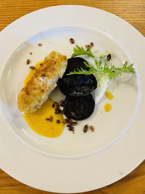 Smokey cashew croquet with braised beetroot and orange sauce  at The Garden Kitchen in Ansty