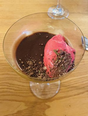 Raspberry sorbet and chocolate moose with chocolate and rosemary gravel  at The Garden Kitchen in Ansty