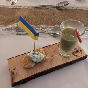 Ukrainian potato pancake and asparagus pea soup  at The Garden Kitchen in Ansty