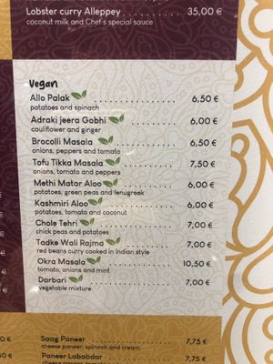 Clearly marked vegan 🌱 options   at The Curry Leaf in Lagos