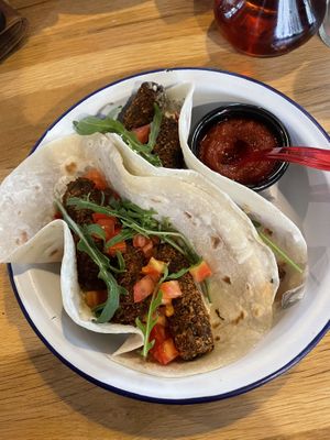 Vegan falafel with spicy tomato sauce  at Papirun in Pristina