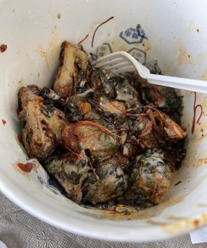 Brussels sprouts salad with the sauce   at Rakkan Ramen in Boulder