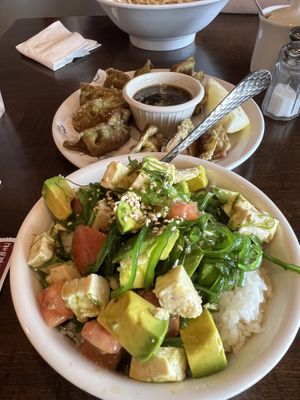 Avocado Tofu Bowl (Small), and Crispy Vegan Gyoza  at Rakkan Ramen in Boulder