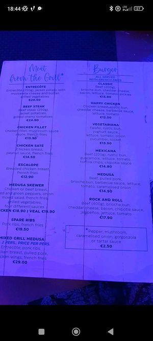 Current menu at Medusa Beach Club in Mallorca