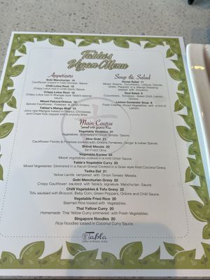 Lake Nona location vegan menu as of October 2022  at Tabla Indian Restaurant in Orlando