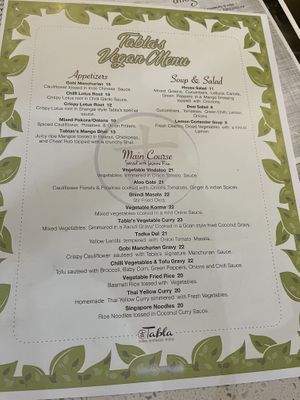 Vegan menu  at Tabla Indian Restaurant in Orlando