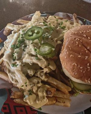 Vegan Cheeseburger with vegan green chili fries 😍 at Bermuda PEC in Prince Edward