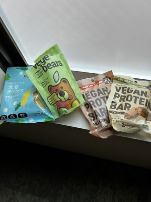 More soy chips, vegan gummy bears(not too sweet), vegan protein bars  at Kinouta Pharmacy in Nara