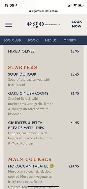 Menu at Ego Mediterranean in Amersham