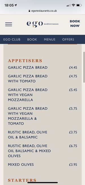 Menu at Ego Mediterranean in Amersham