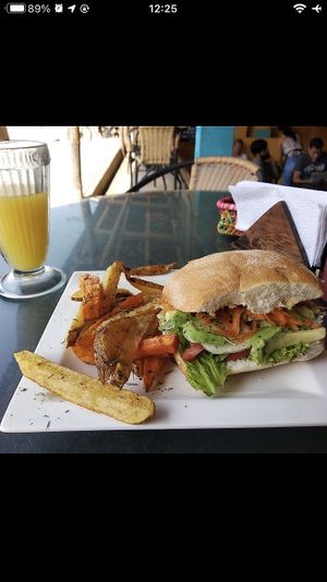 Vegan sandwich with chips at Bananas in Mancora