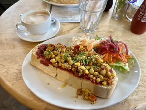 Beetroot hummus and spiced chickpea open sandwich  at Caffe Curva in Hawes